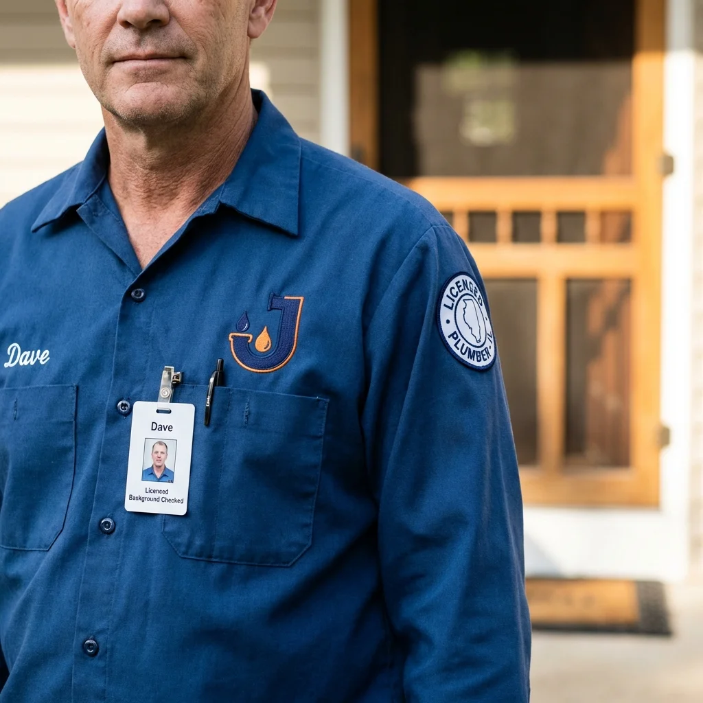 Licensed plumber showing ID badge in Maricao, PR