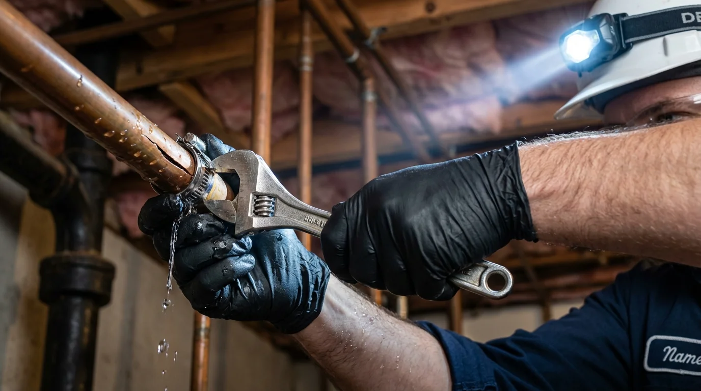 Emergency pipe clamp repair being performed by a Johns Plumbing LLC plumber in Maricao