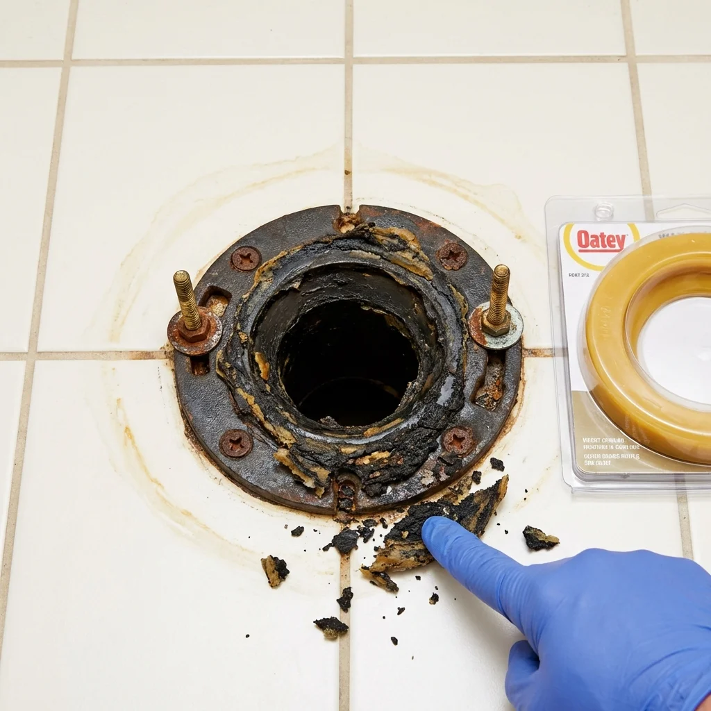 Failed wax ring showing water seepage at the base of a toilet in a Maricao, PR home