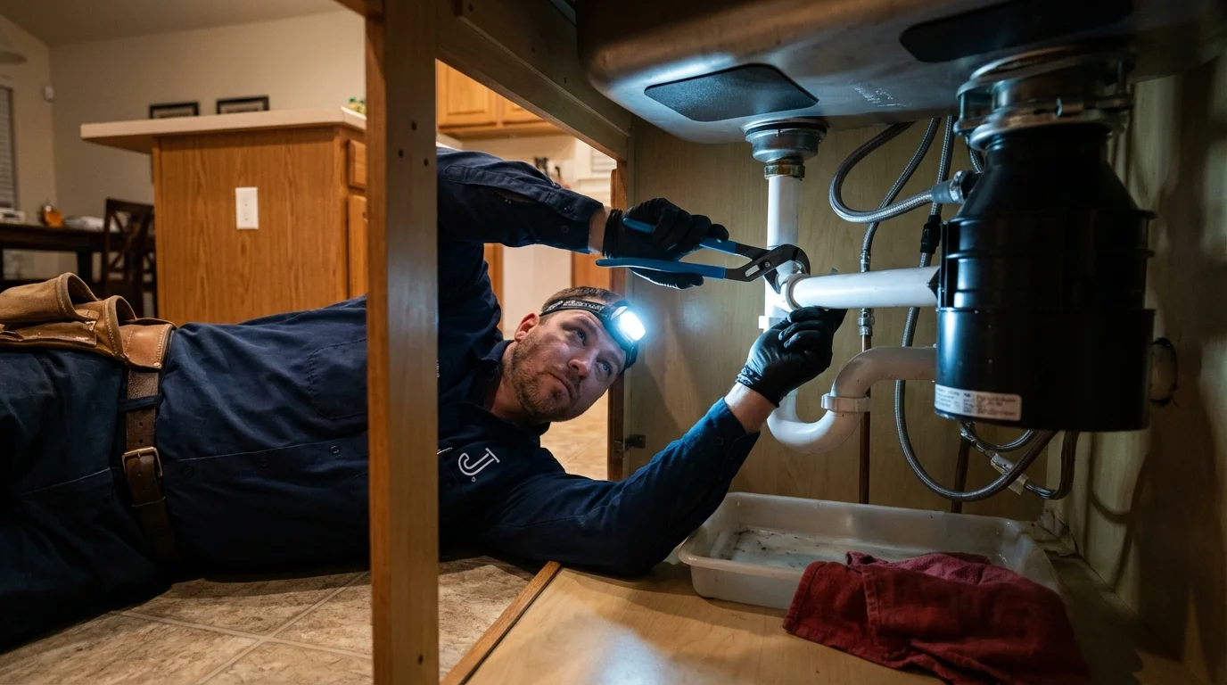P-trap and supply line connections under a kitchen sink showing a common leak point in Maricao, PR